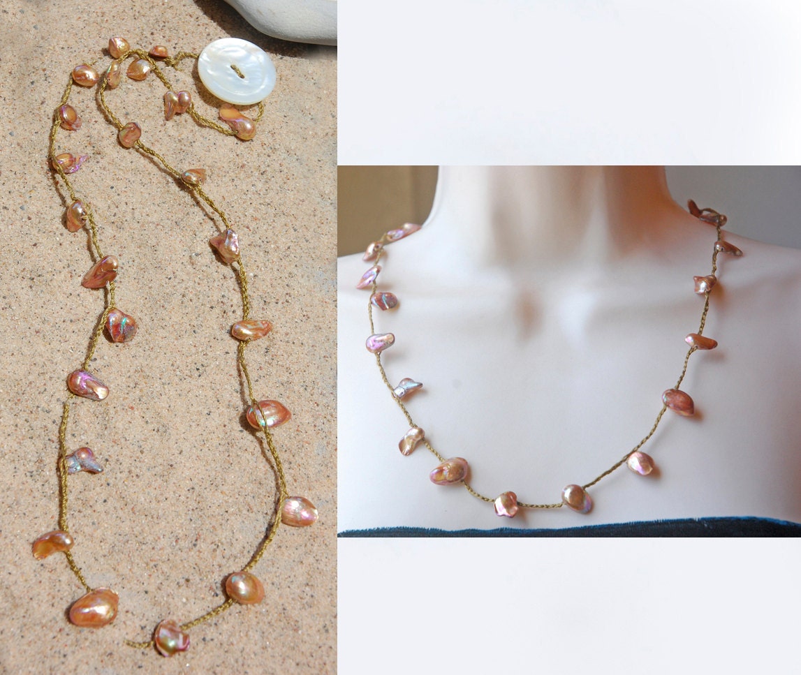 Set - Spice Island - Woven Pearl Necklace with Bracelet - orange, peach, organic, summer