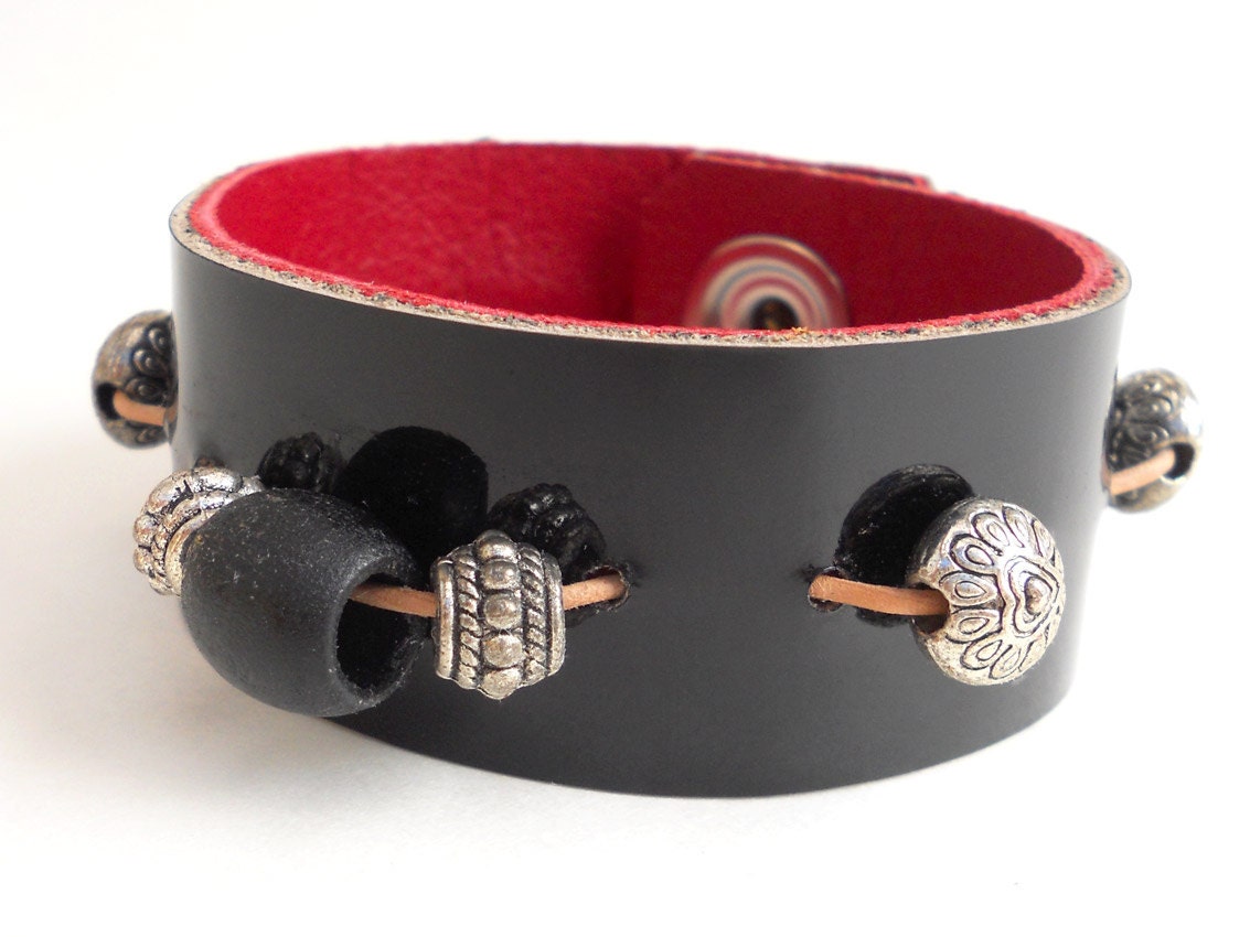 Black Patent Leather Beaded Bracelet