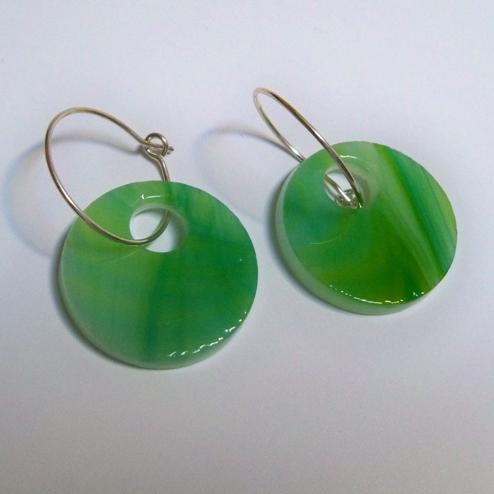 Fused Glass Disc Earrings, Streaky Green