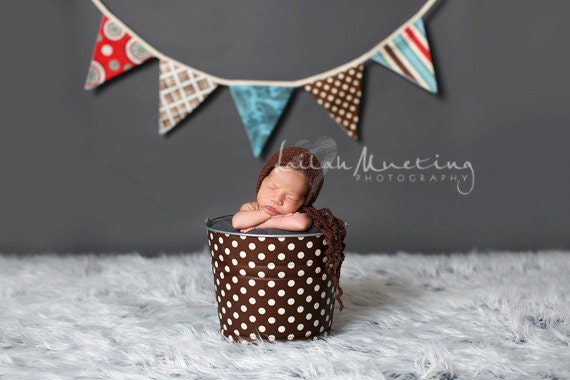 Newborn Baby Boy Photo Prop Galvanized Bucket Chocolate and Cream Polka Dot