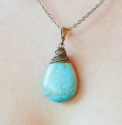 Turquoise Necklace wire wrapped - teardrop pendant with brass chain