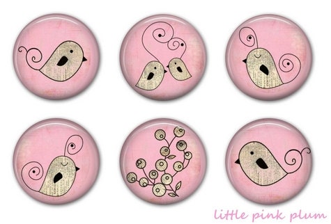 WHIMSICAL BIRDIES PINK Magnets - Set of Six - 1.25 inches
