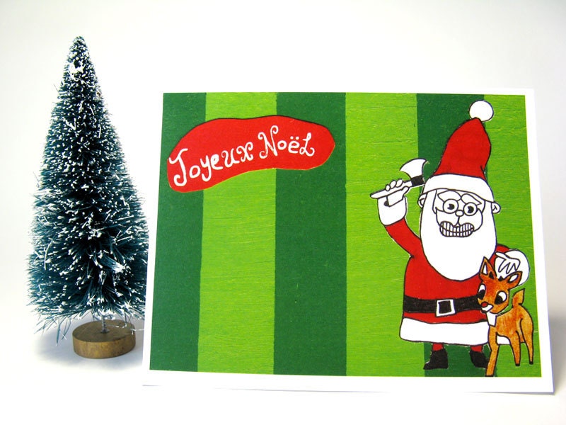 Christmas card, Holiday Greeting Card, Funny Christmas card, Blank card, Santa Claus, Rudolph, red, green - Santa and Rudolph