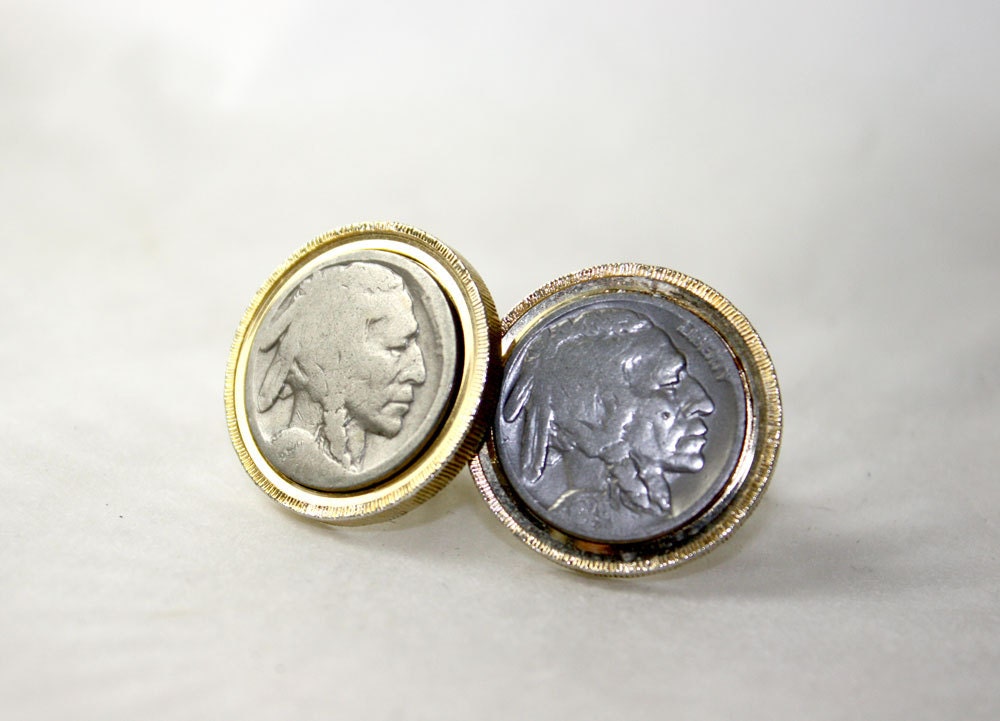 Vintage Swank Cuff Links Indian Head Nickels in Gold Tone Bezel