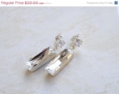 15% Off Sale White Swarovski Crystal Earrings Wedding Jewelry Bridal Earrings White Foiled Rectangle Stone Silver Stud Post Estate Style