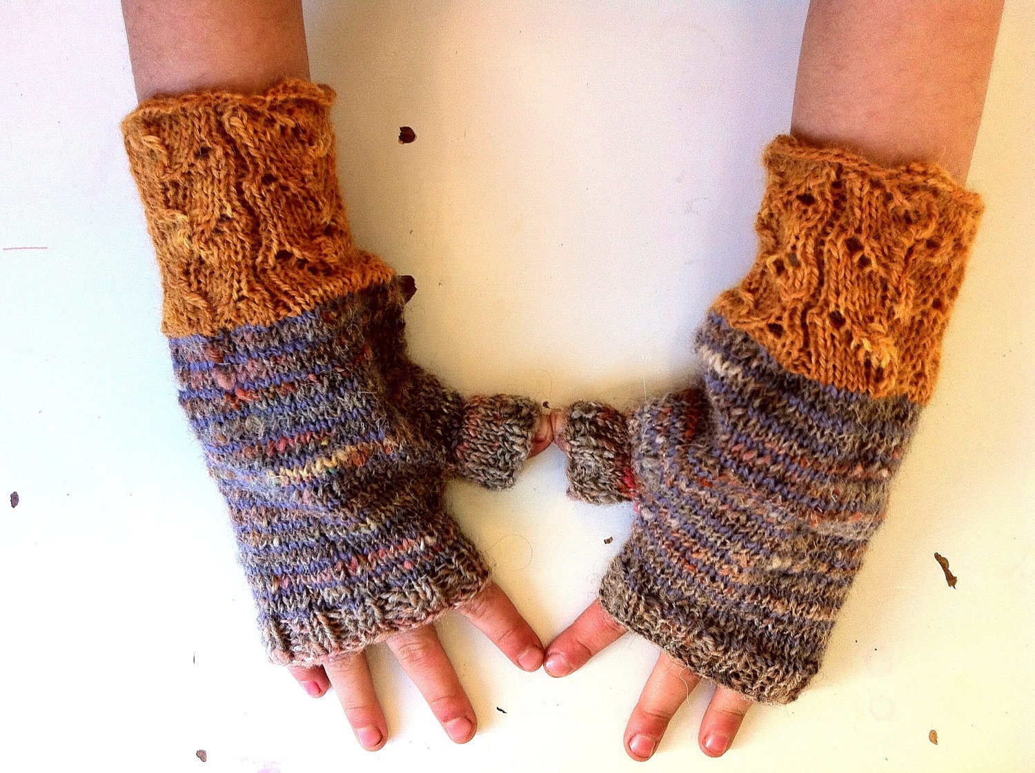 PDF pattern for Wild Apples Fingerless Gloves // knit your own lacey, striped handwarmers