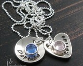 Hand stamped jewelry - personalized gift - 2 baby round and heart disc charms with birthstone - sterling silver chain