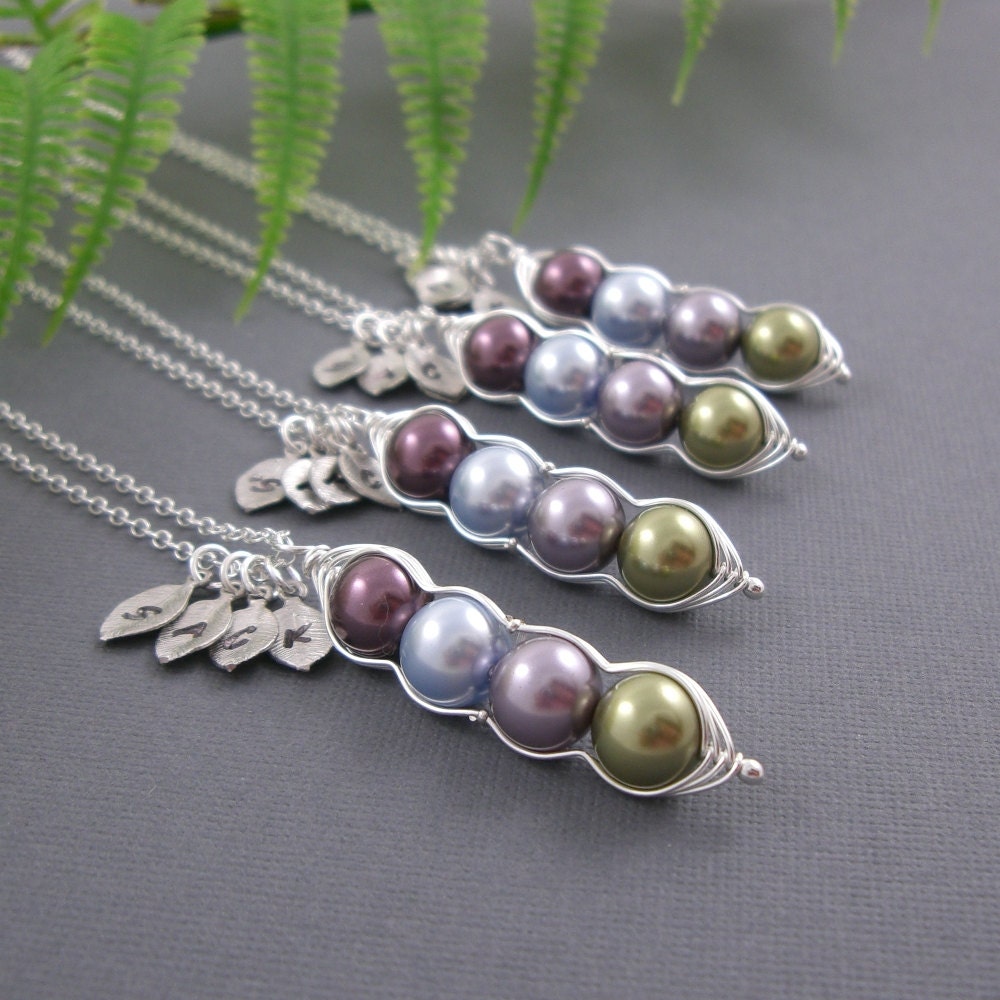 Set of 4 - 4 sweet peas in a pod personalized hand stamped initial charm necklace for brides, friends, sisters and mothers
