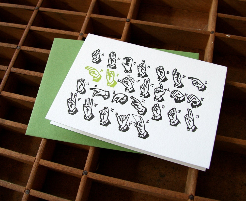 letterpress card sign language hi