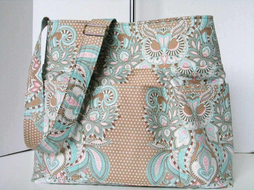 Large -Beach Bag - -Aqua Owl-Hushabye-Tula Pink-Vintage Brooch-Tula Pink- Diaper Bag Hobo Bag-School - Adjustable Strap