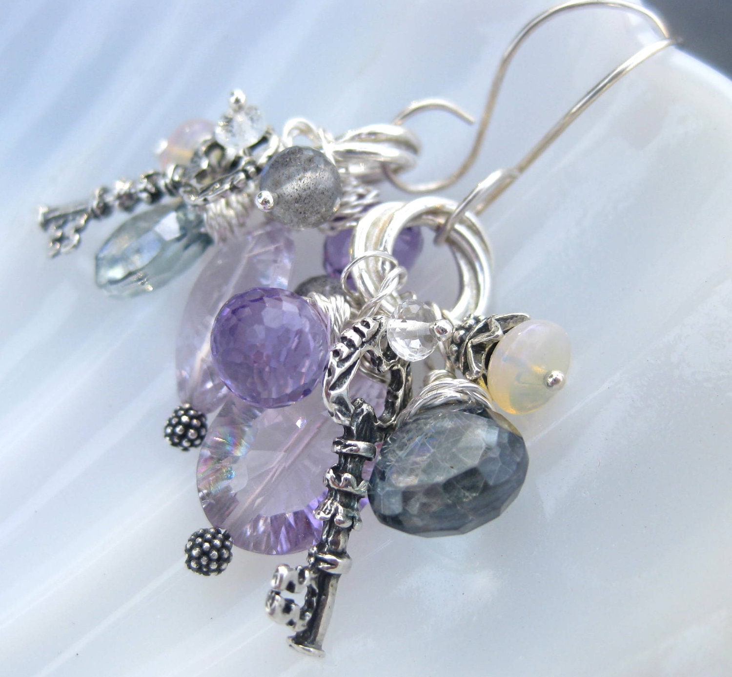 Gemstone tassel earrings sterling silver purple amethyst opal skeleton key charm beaded dangle mermaid style garden party jewelry -Fanfare-