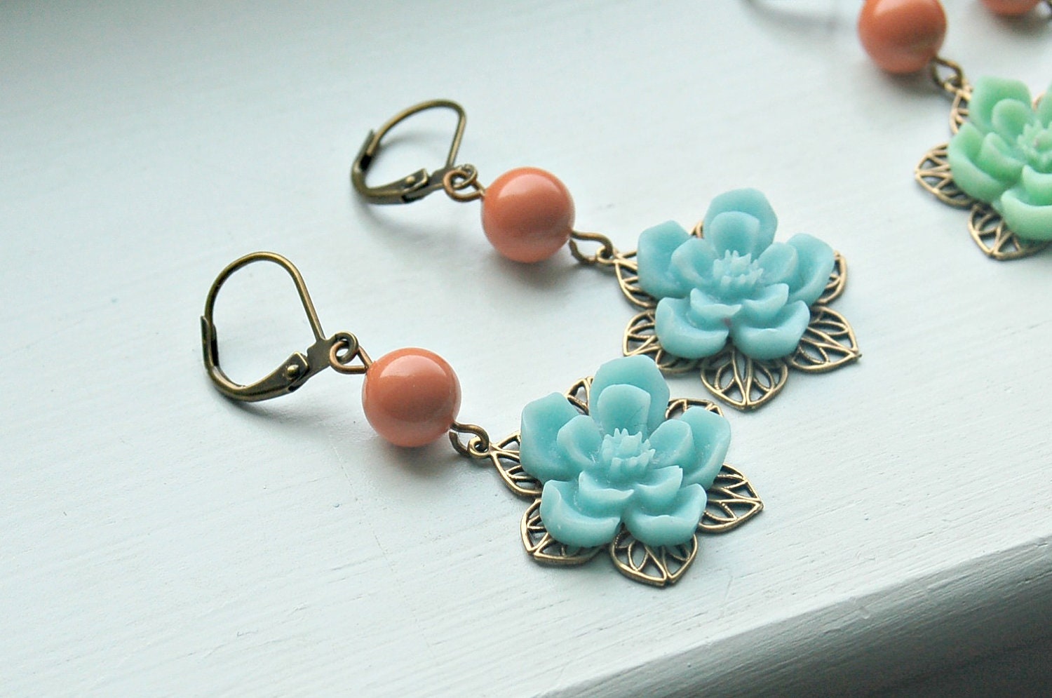Aloha Summer Earrings - Swarovski Pearls, Coral and Turquoise, Summer Fashion