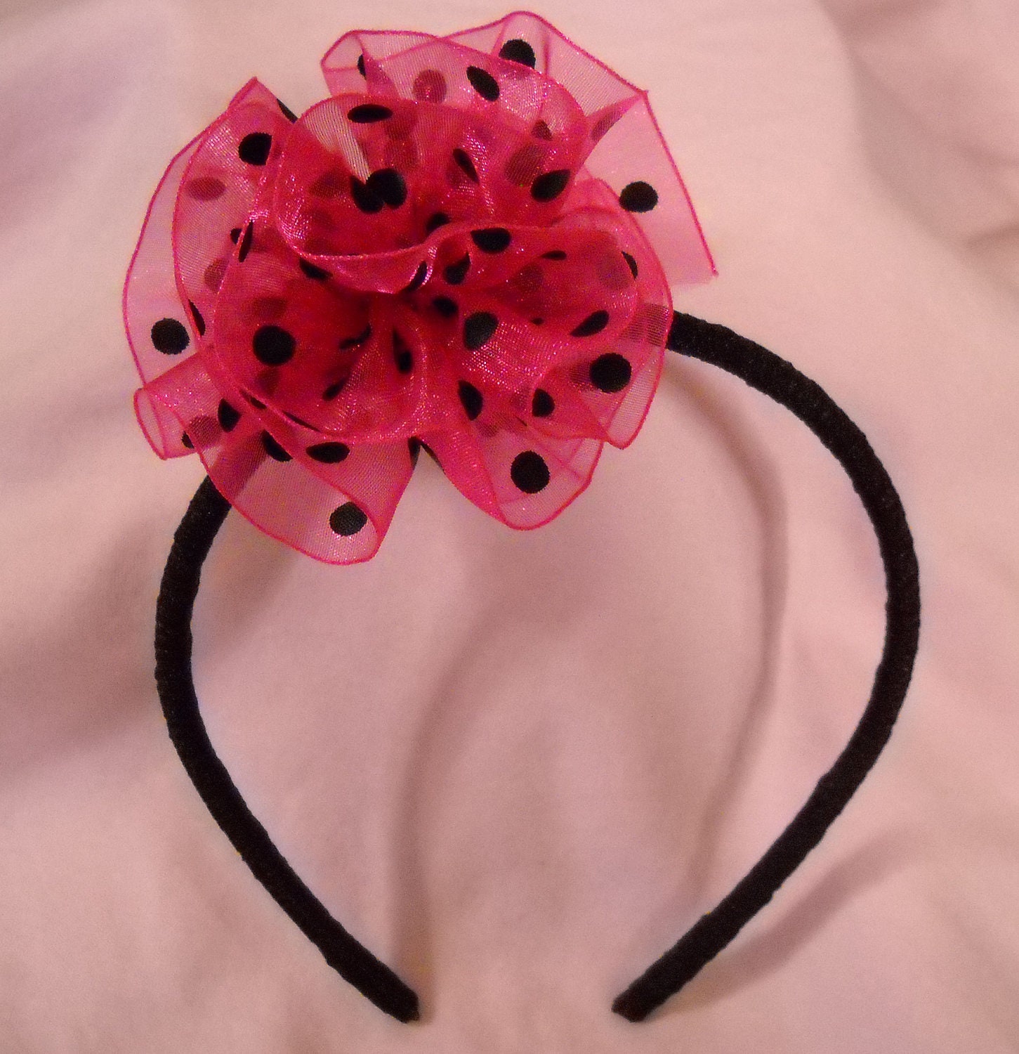 Pink and Black Polka Dot Puff on Ribbon Wrapped Headband