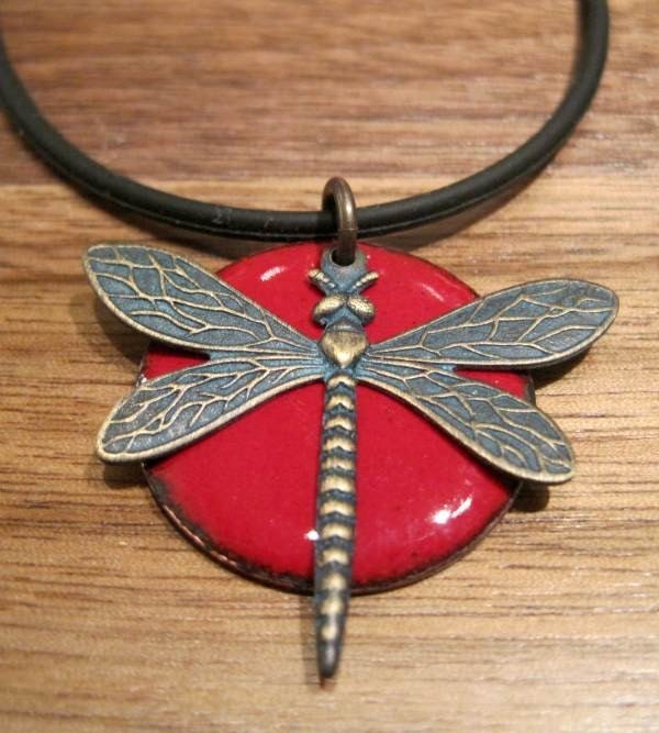 Dragonfly Jewelry, Red Pendant, Copper Enamel Necklace, The Prairie Collection