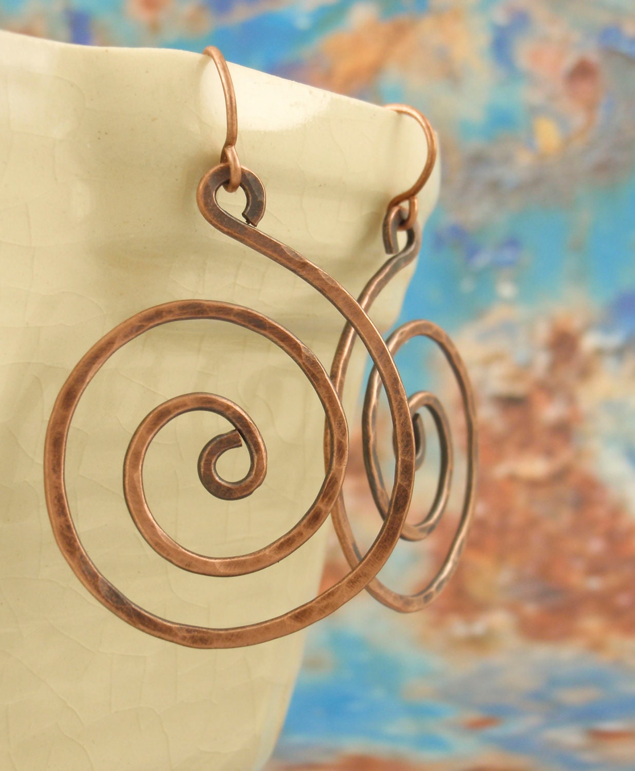 Swirly Swirls Textured and Aged Copper and Niobium Earrings