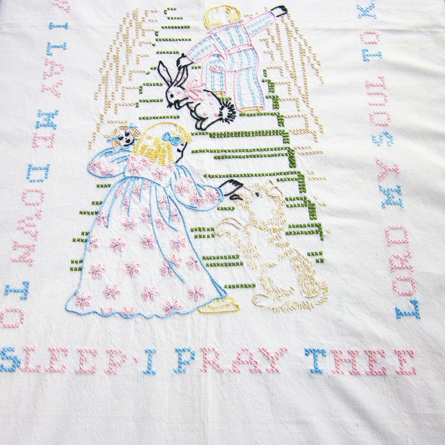 Embroidered Crib Quilt Nursery Rhyme Prayer Vintage Baby