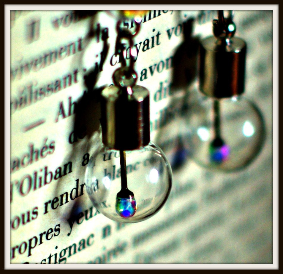 Angel Wings Lightbulb Earrings - Tiny Bottles with Miniscule Faceted Rhinestone Drop Filament