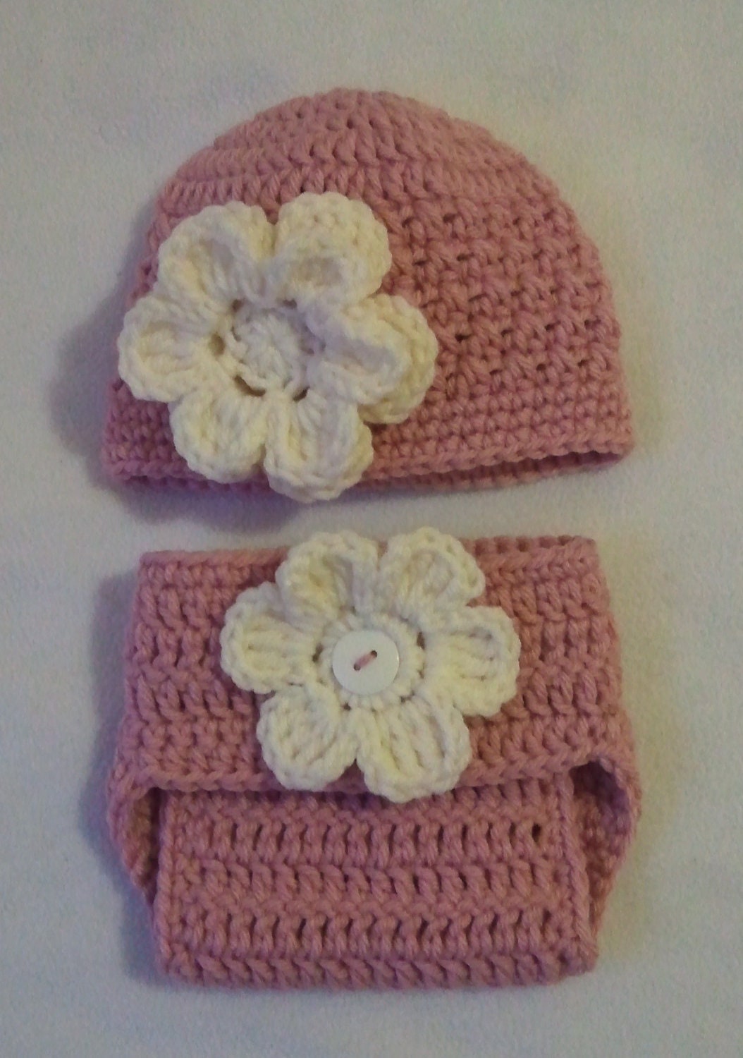Crocheted pink hat with big layered flower and diaper cover 3 piece set perfect for baby  girl or photo prop