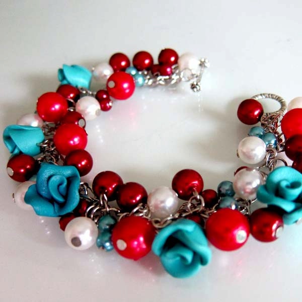 Turquoise Rose Pearl Cluster Bracelet - Polymer Clay