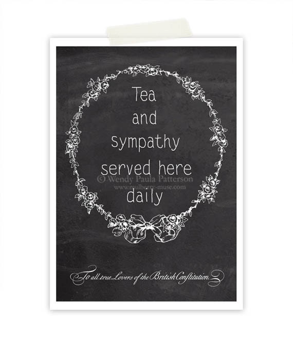 Typography Giclee Art Print, Tea and Sympathy, Chalkboard, Vintage Wreath, Blackboard, Home, Kitchen Decor