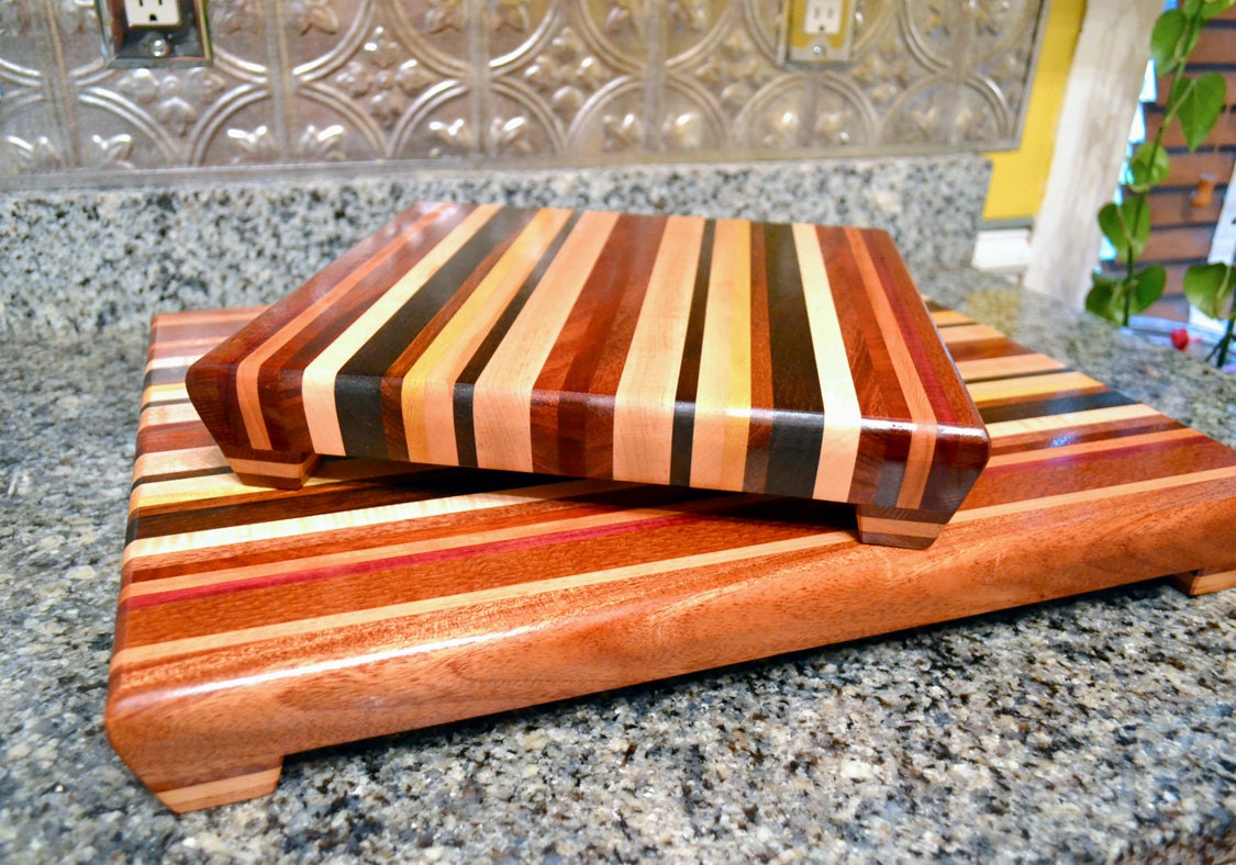 Handmade Extra Large Wood Cutting Board Set- Think Spring II- Mahogany, Black Walnut, Curly Maple, Purpleheart, Yellowheart, and Bloodwood