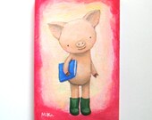 Original Painting Pig Illustration Blue Book Pink Peach Blue Cute Nursery Art Wall Home Decor