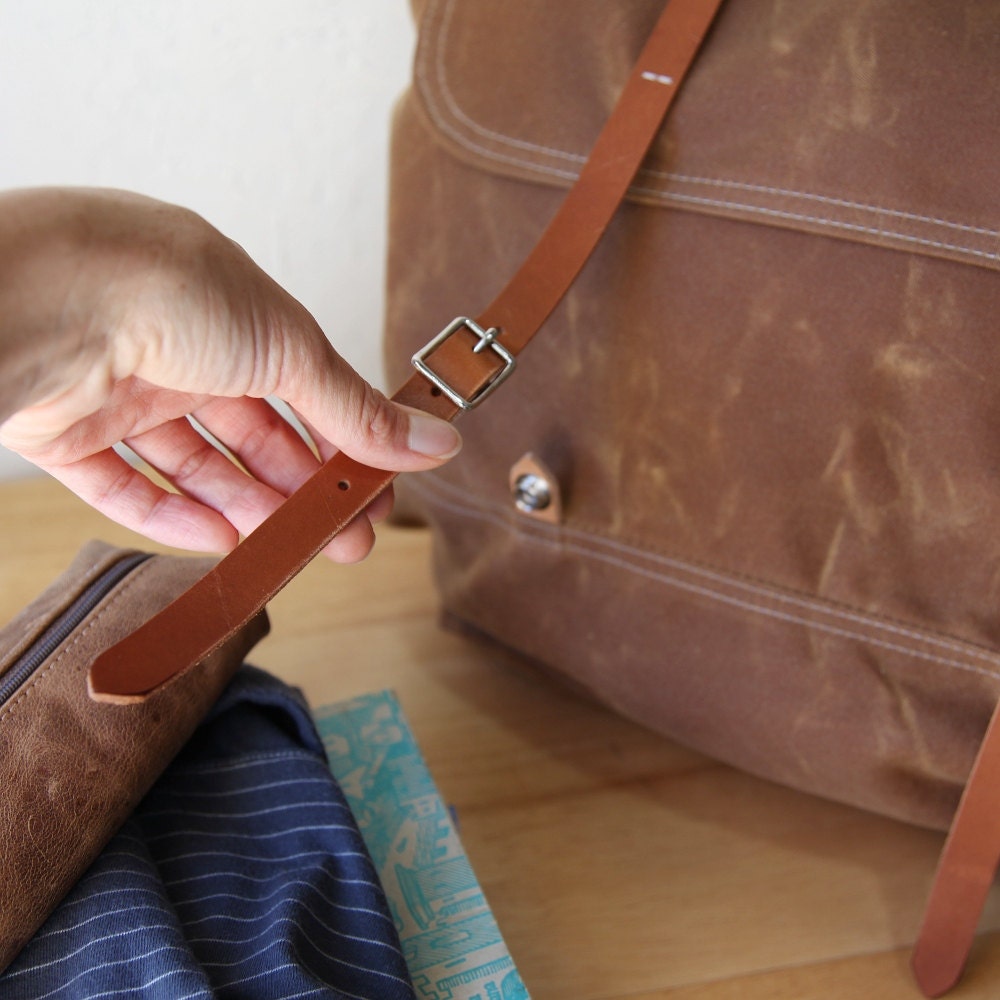 Waxed Canvas Backpack // Rucksack // Leather Straps // in Saddle Brown // Organic Cotton Lining