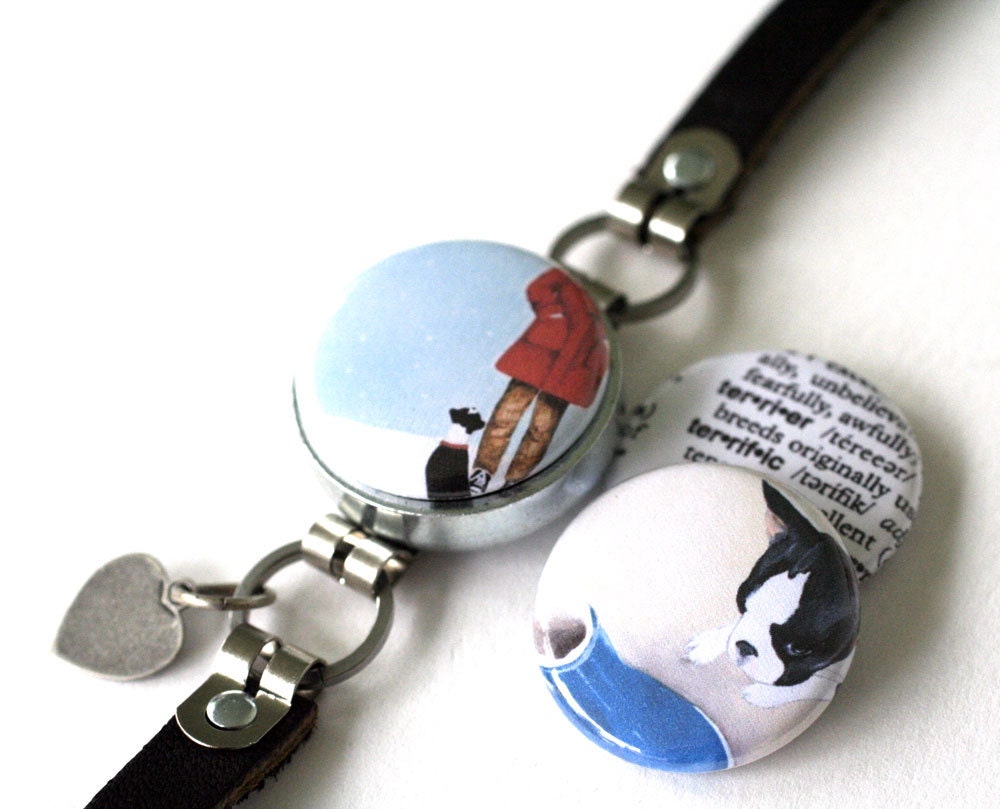 Boston Terrier Dog Bracelet - Magnetic Bracelet, Interchangeable - Black Leather Bracelet - Recycled Steel by Polarity - Michele Maule