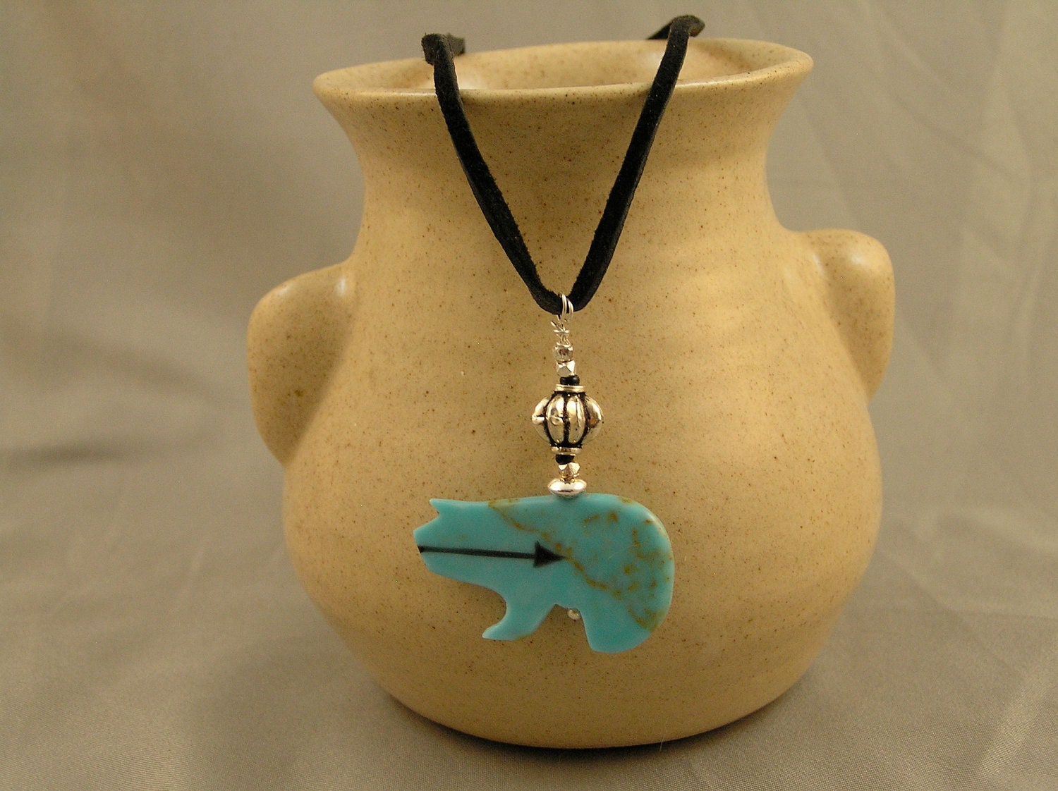 Set: Turquoise HeartlineTotem Bear Fetish Pendant and Earrings
