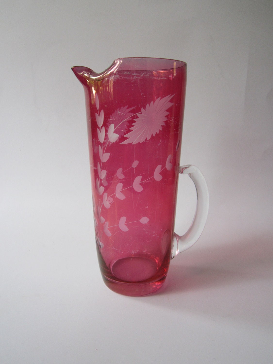 Vintage Ruby Stained Floral Etched Mid Century Martini Pitcher