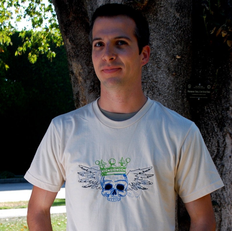 Embroidered Cream Crew Neck Tee: Winged Skull