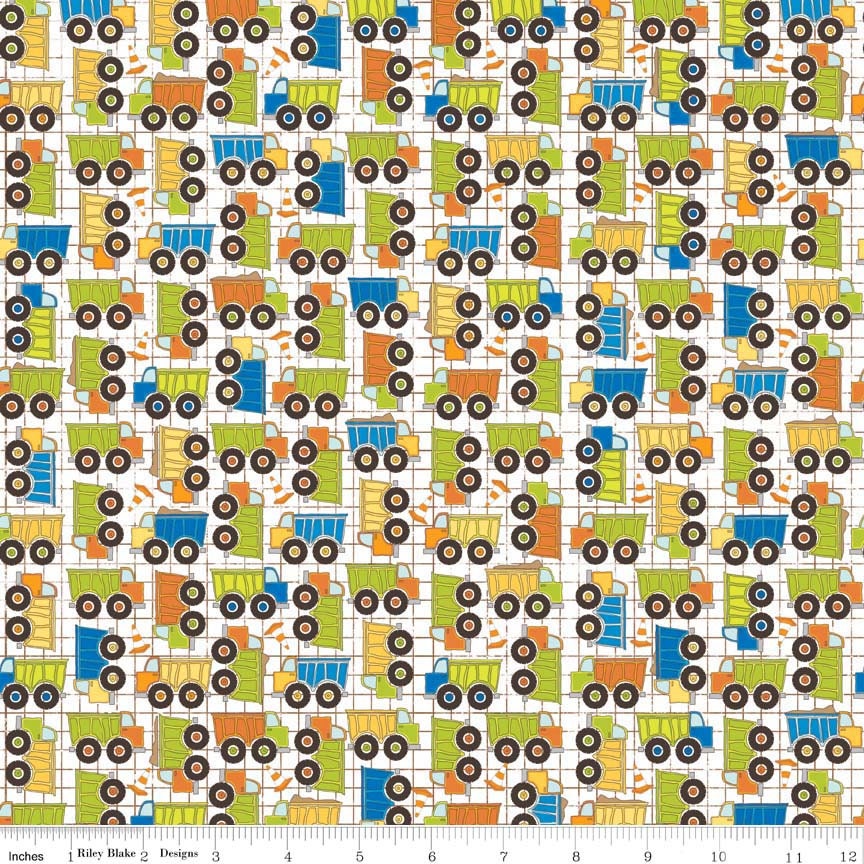 On The Go Trucks White - Fat Quarter