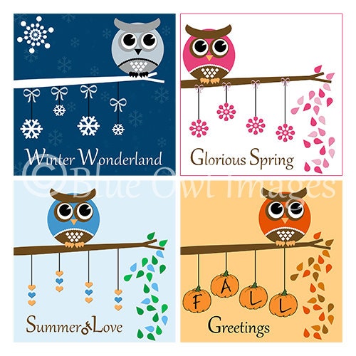4 Seasons Illustration Photography Set of my Chubby Owl Collection 5 x 5 Square Photo Print Card, Winter Spring Summer Fall