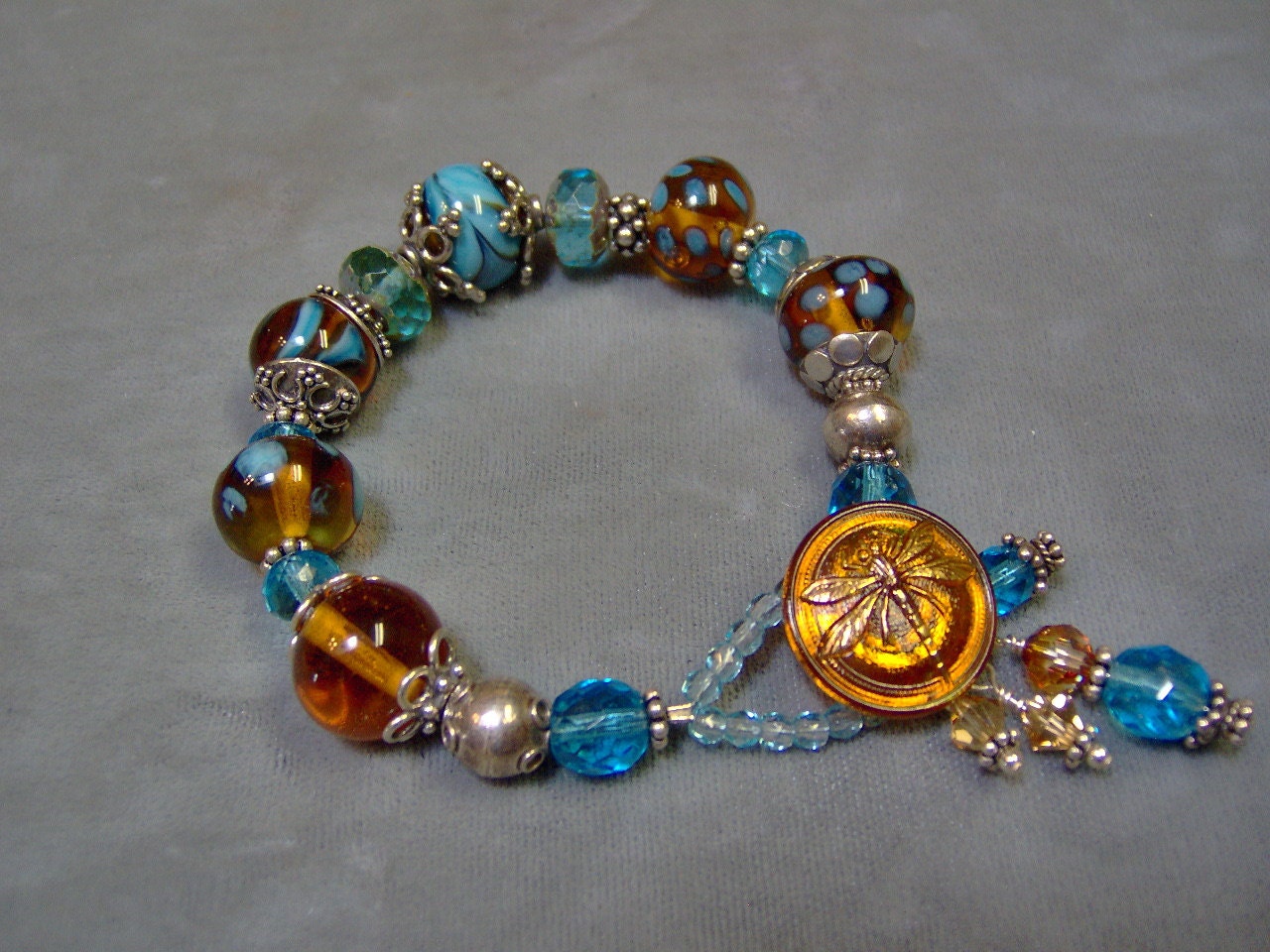 Artisan Lampwork Beaded Bracelet in Sterling Silver - With Czech Glass Dragonfly Button as Clasp