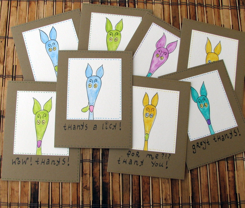 PaniEva's greyhound thank you cards original watercolor silly old greyhound set of 4 cards with envelopes