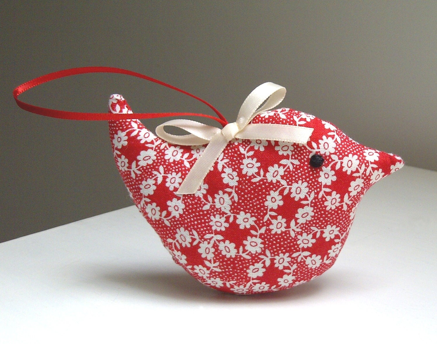 Little Bird in Red and Cream Tiny Flowers, and Filled with Lovely Lavender