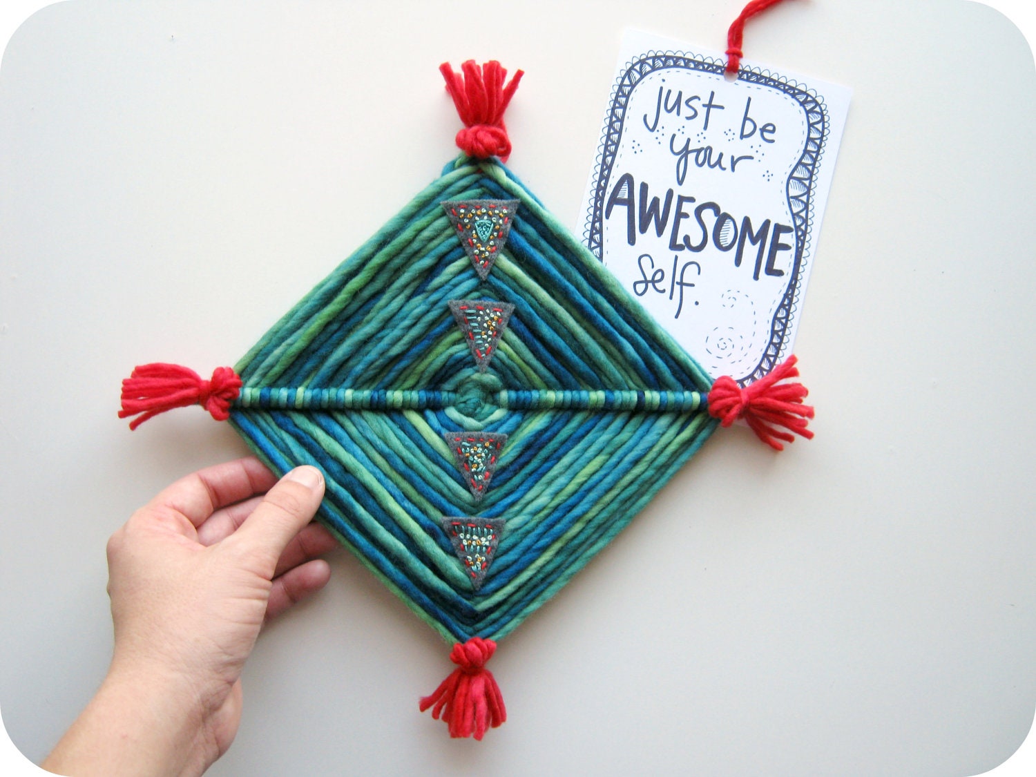 Hand Woven Textile Art Wall Hanging- Ojo de Dios - With Illustrated Affirmation Card