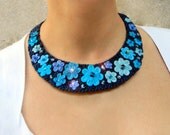 RESERVED LISTING  - Blue flowers necklace, crystals, romantic, crochet, light pink, turquoise, blue, azure, mid blue