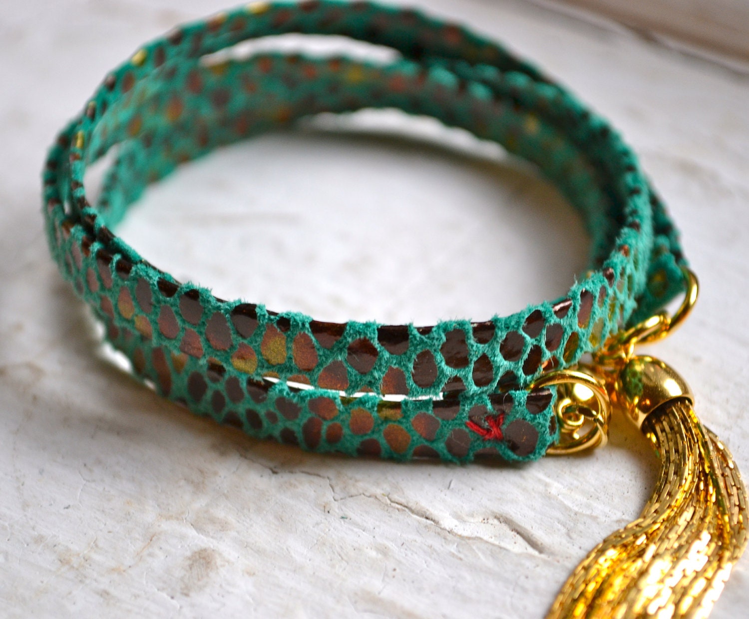 teal and brown snakeskin leather & gold triple wrap bracelet