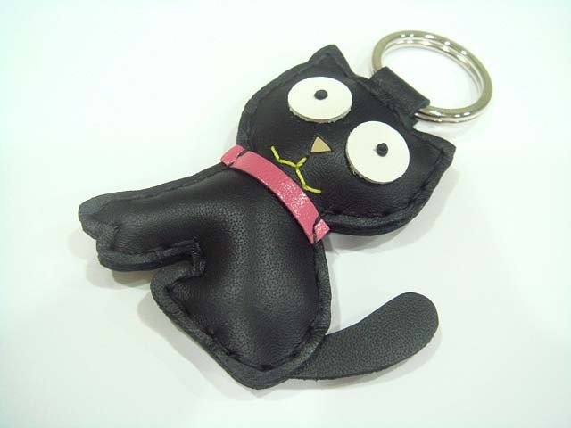 Leather Keychain MoMo the Cat leather charm ( Black )