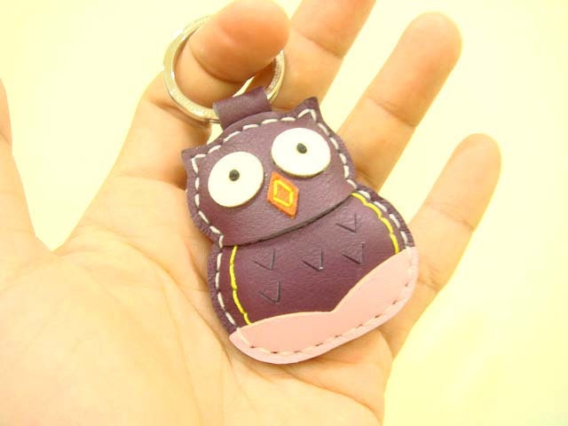 Leather Keychain - Fiona the Owl leather charm ( Purple )