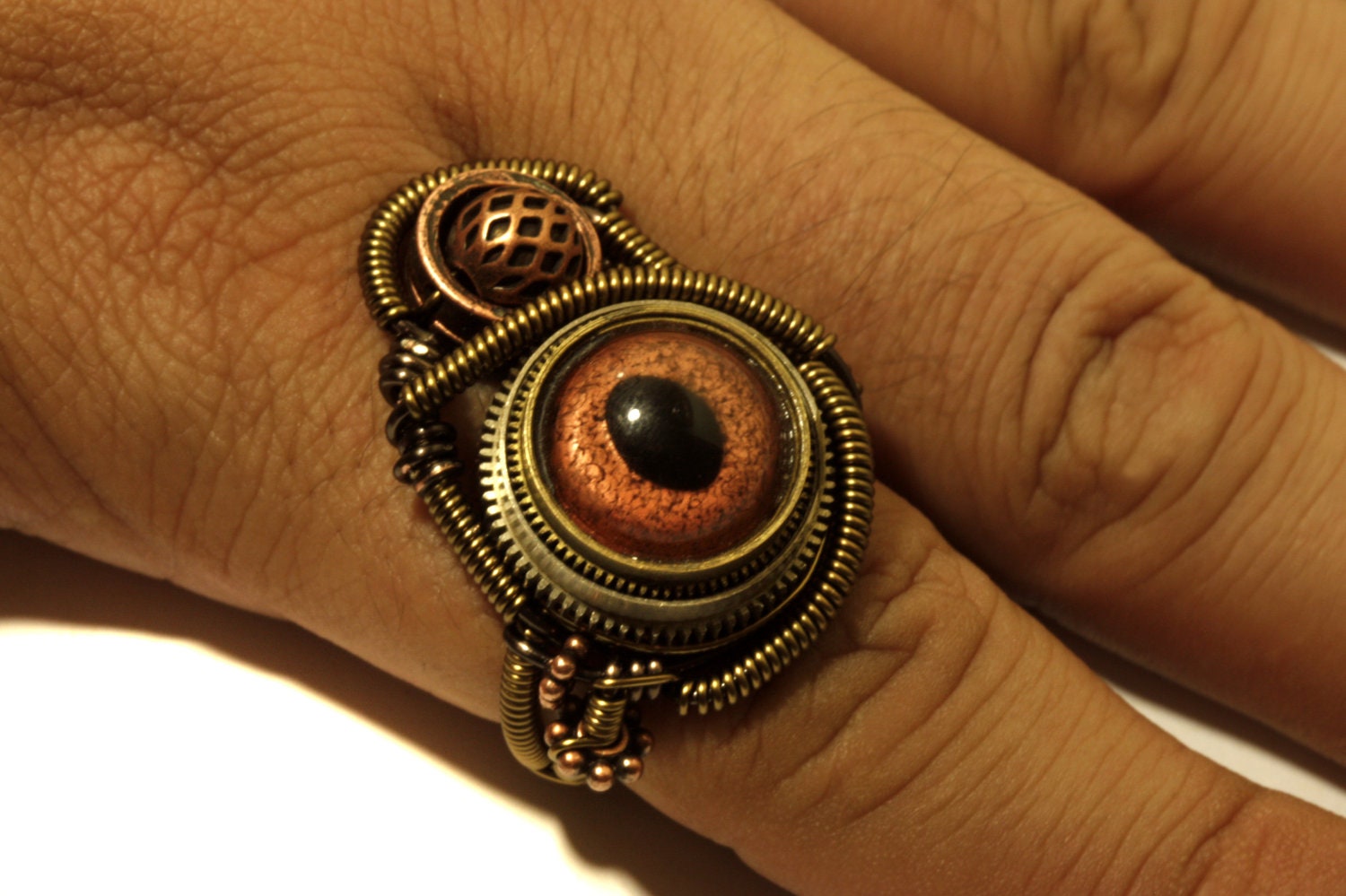 Steampunk Jewelry - Ring -  Copper Reptile glass EYE  - SIZE 10 ONLY