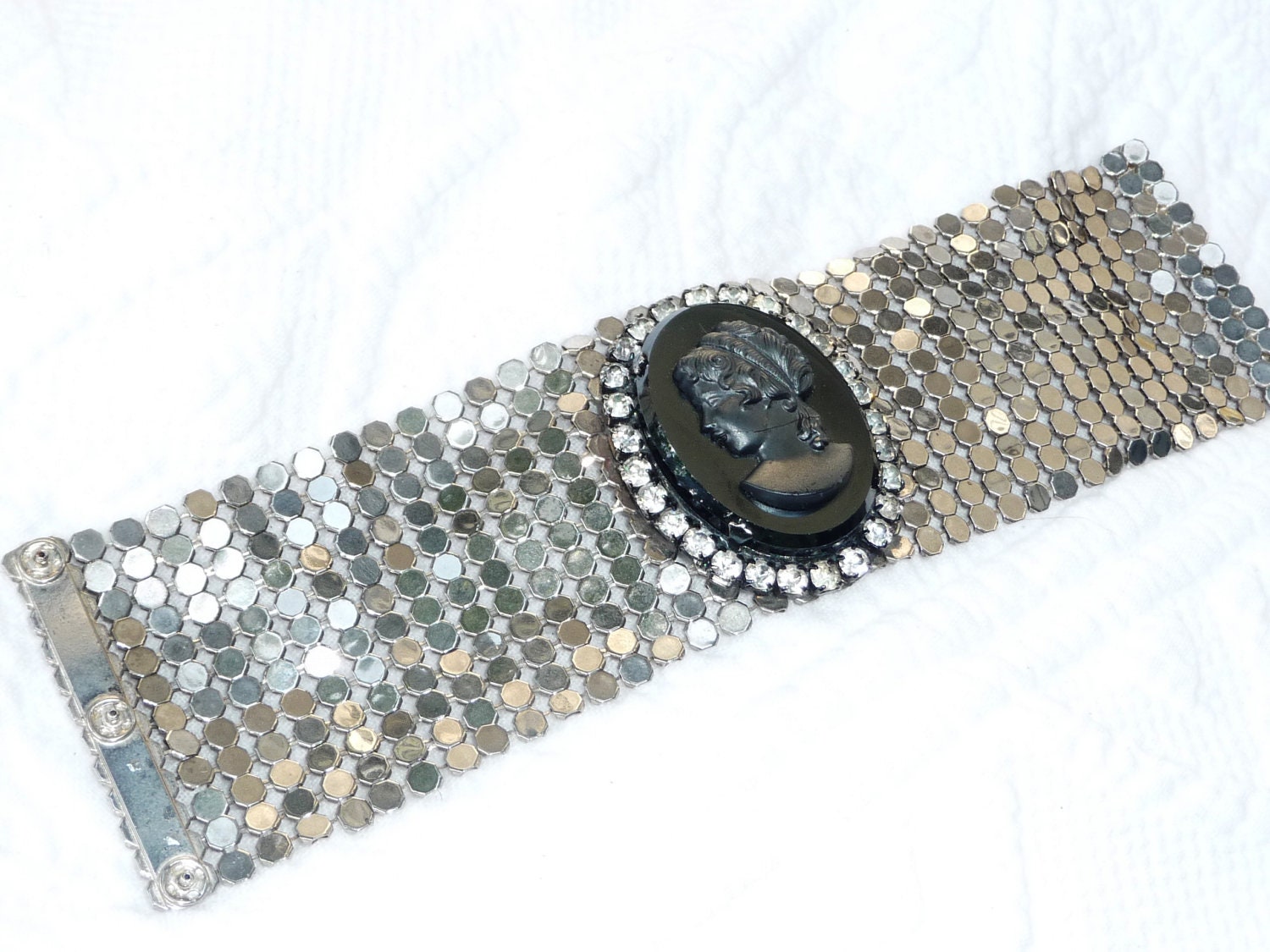 Silver Cuff Bracelet Black Cameo Metal Mesh - Whiting & Davis Rhinestones - ALTERED VINTAGE - Steampunk Neo Victorian Women