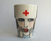 Astonished Nurse - Handpainted earthenware mug  - ready to ship
