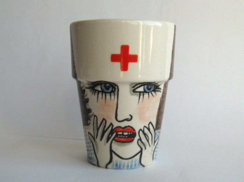 Astonished Nurse - Handpainted earthenware mug  - ready to ship