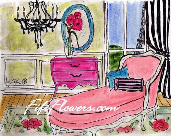 Pink Chaise Black Chandelier