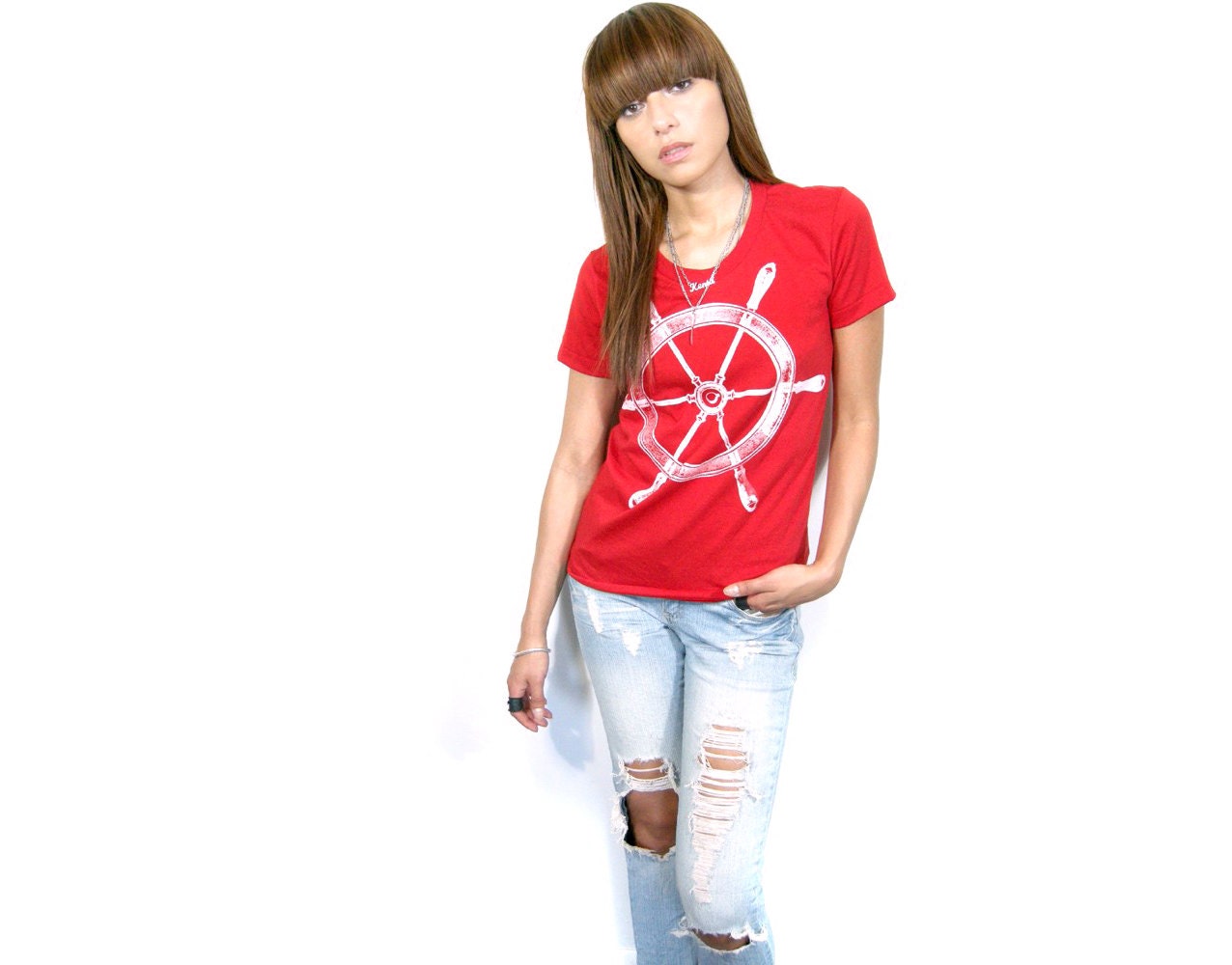 Nautical red white tshirt women ship wheel Small / Medium / Large