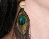 Peacock Feather And Wood  Earrings Hippie Boho Fashion