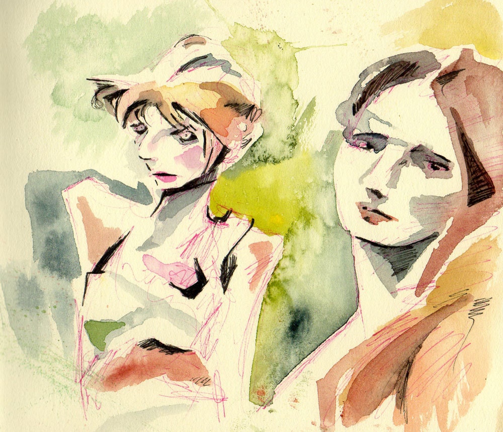 Classic Horror Dr. Frankenstein and Monster - Dr. Sketchy's Anti Art School - Asbury Park Branch - Watercolor and Ink Painting by Jen Tracy
