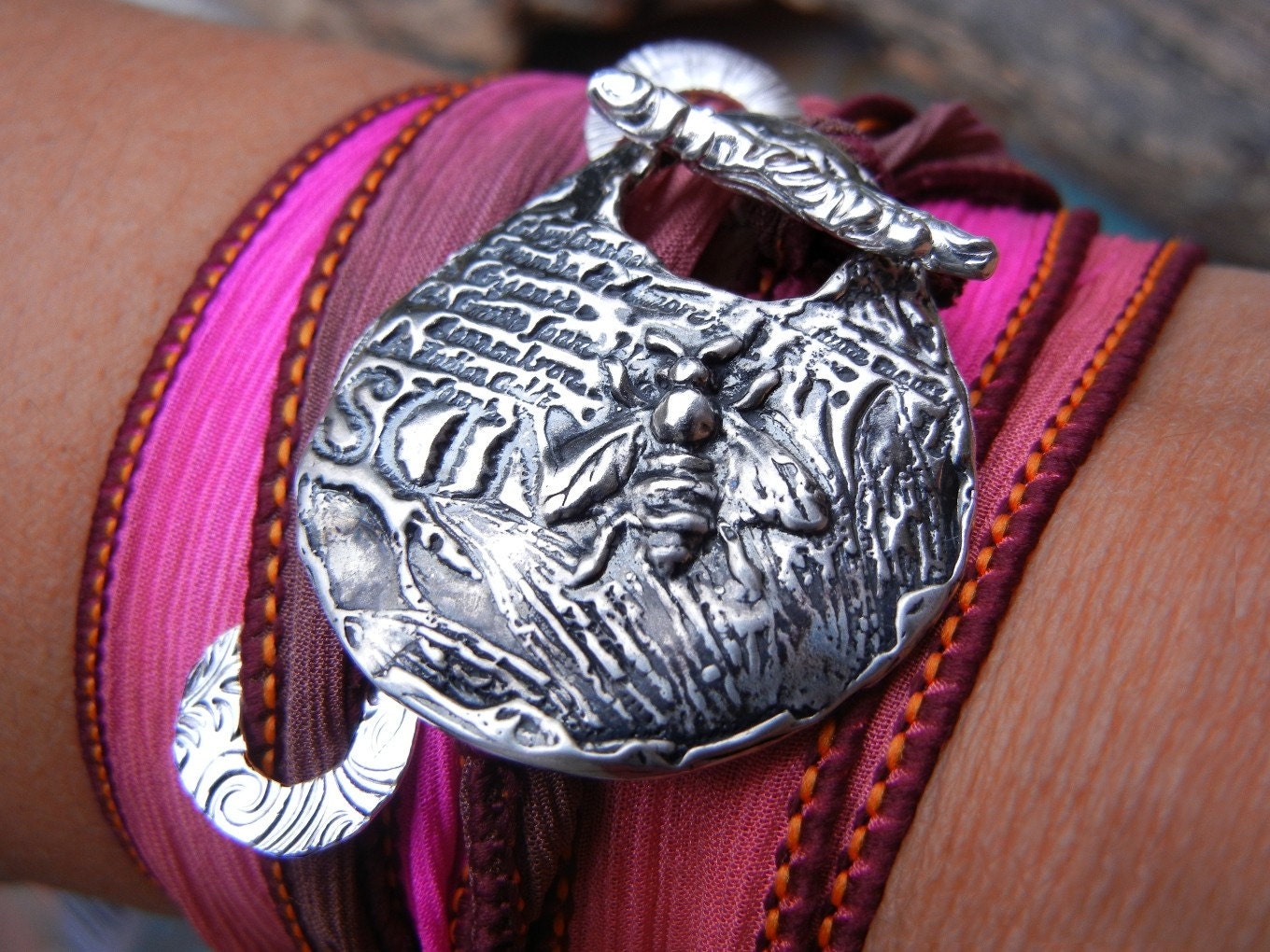 Handmade Sterling Silver Jewelry, Silk Wrap Bracelet, Honey Bee STERLING Silver Toggle Bracelet, Gift for Her, Wrap Bracelet, 18 Colors